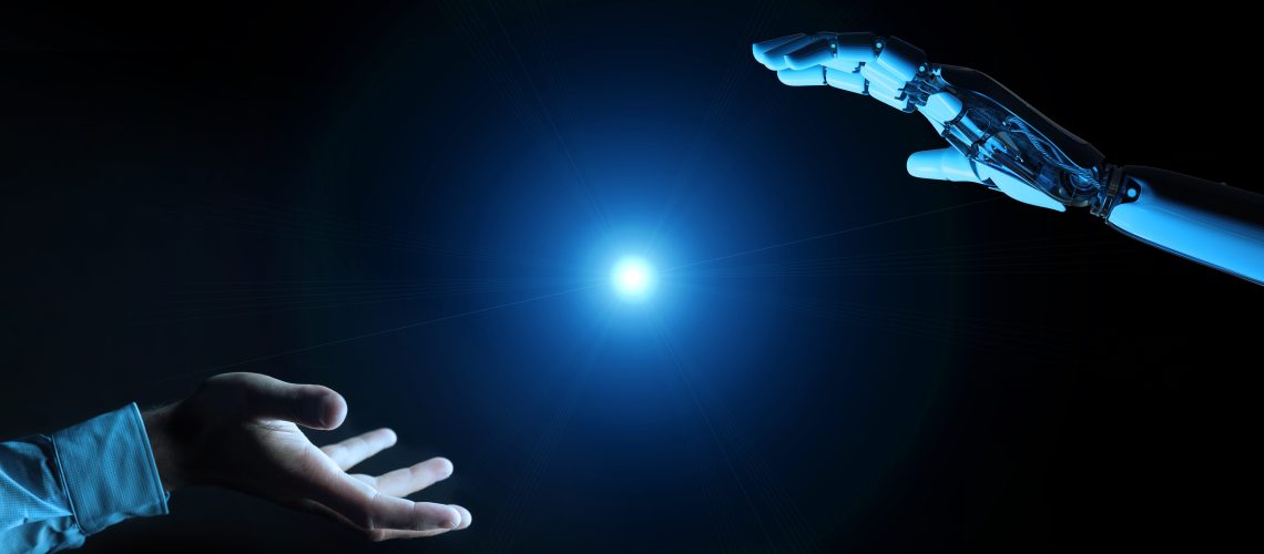 White cyborg hand about to touch human hand on dark background 3D rendering