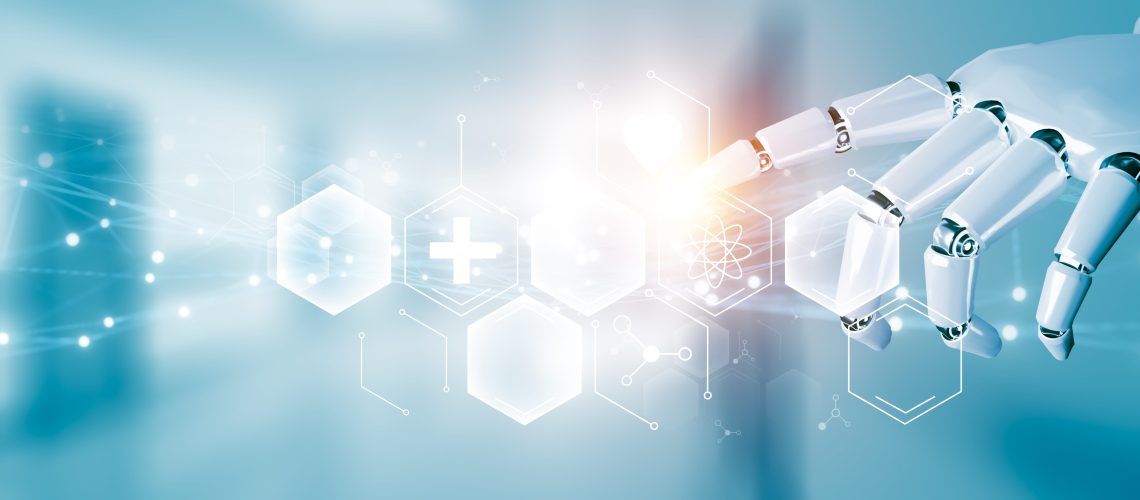 Futuristic AI robot hand assistant technology, artificial intelligence help with operation doctor and patient, virtual simulation of graphical medical healthcare icon,hospital blue banner background