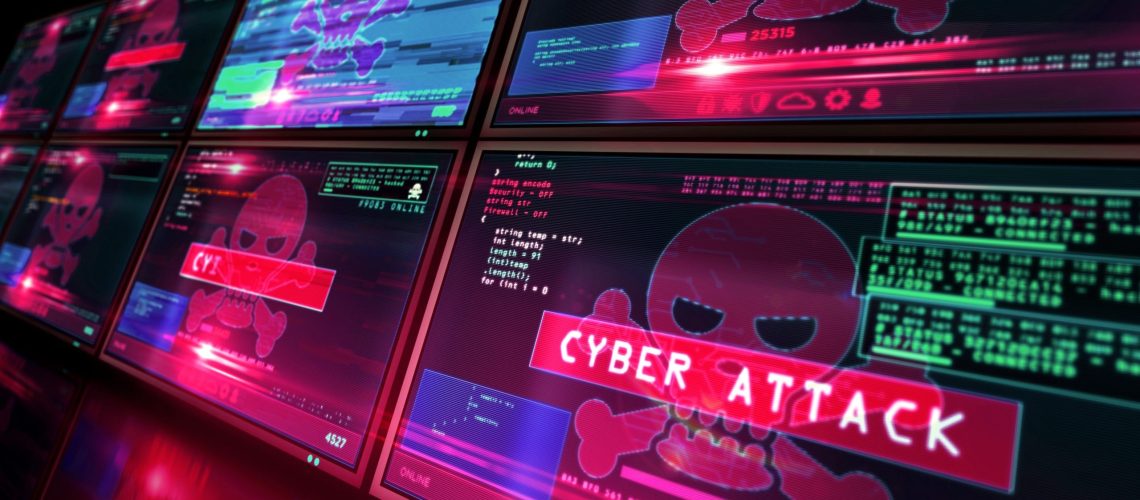 Cyber attack red alert with skull symbol on computer screen with glitch effect. Hacking, breach security system, cybercrime, piracy, digital safety and identity theft concept 3d illustration.